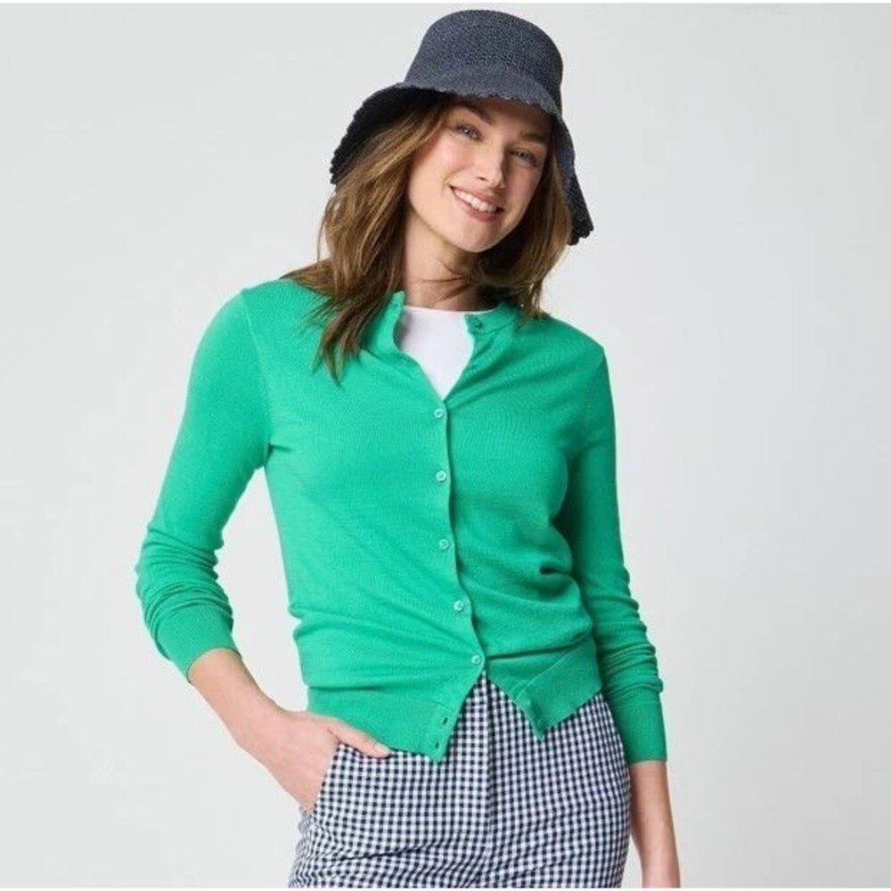 New J Crew Factory Classic Cotton Cardigan M Summer Green Crew Neck Long Sleeve